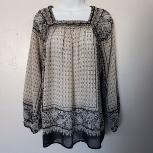 Cowgirl Legend Small Long Sleeve Blouse Square Neck Chiffon Black Ivory Paisley